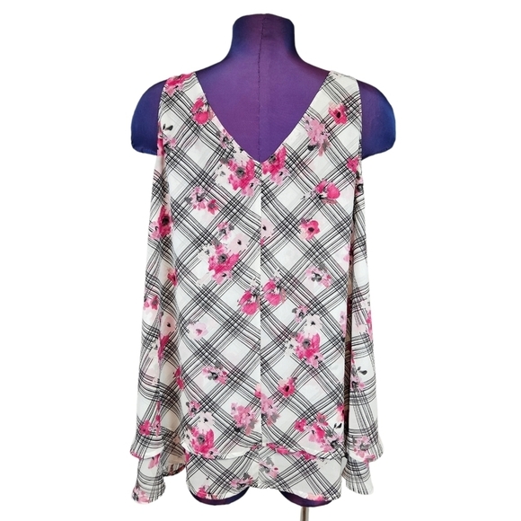 Lane‎ Bryant Black White Plaid Pink Floral Print Layered Chiffon Top Size 16 - Picture 5 of 8